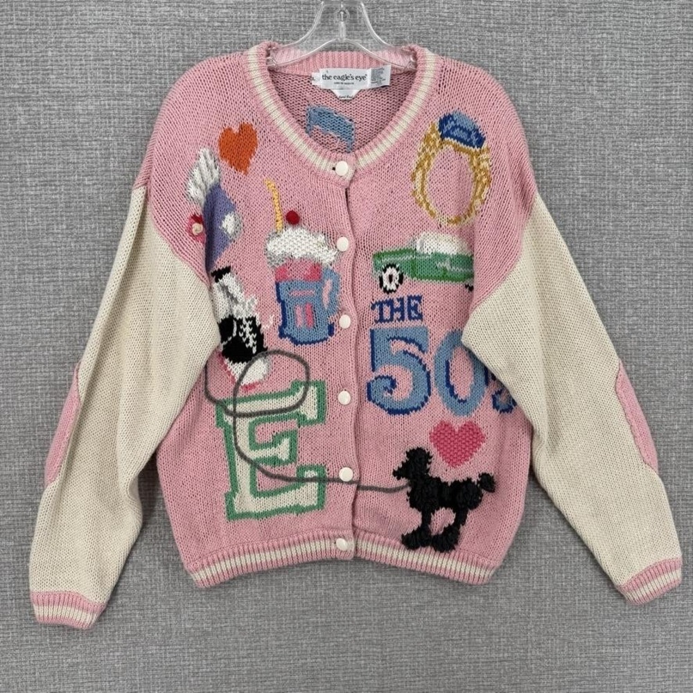 Vintage The Eagle's Eye Sweater Cardigan Womens L Pink 50s Jukebox Novelty 90s